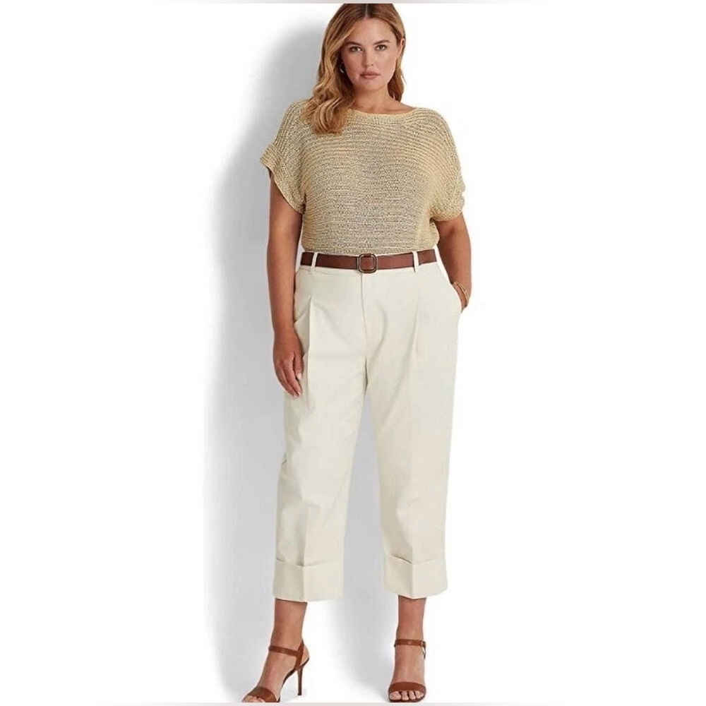 Lauren Ralph Lauren High-Waist Wide Leg Cotton Cuff Ankle Pants White Size 14